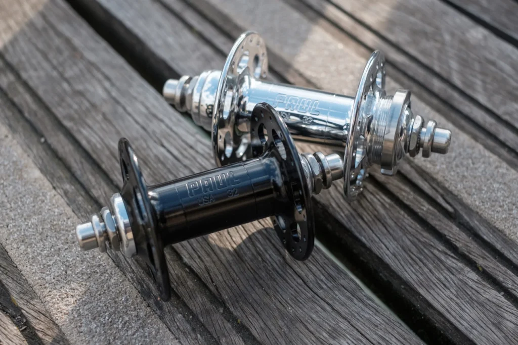 A close view of the wheel hub and spokes