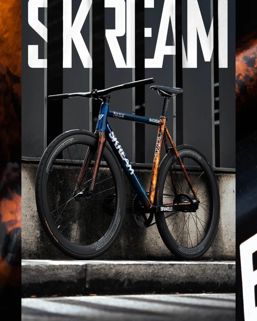 Original Skream Magnum Fusion composition combining the complete custom bicycle with enlarged SKREAM lettering